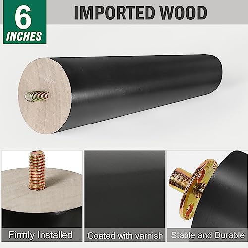 FoDau770 Rubber Wood Legs 6", Slant Taper, 5/16"-18 Thread, Black, 4pcs | Wood Couch legs - Mid Century Sofa Legs - Furniture legs Replacement for Cabinet Dresser Chair Ottoman - color: Black, size: 6 Inch - Slanted (80°)