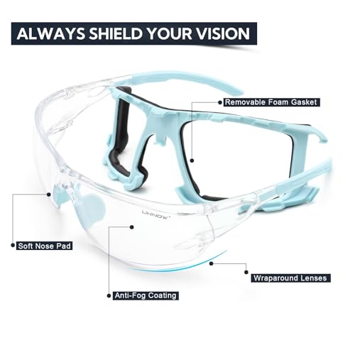 UKNOW Safety Glasses - Anti Fog Wraparound Lenses - Removable Foam Gasket - ANSI Z87.1 Protective Eyewear - Impact Resistant - color: Celeste