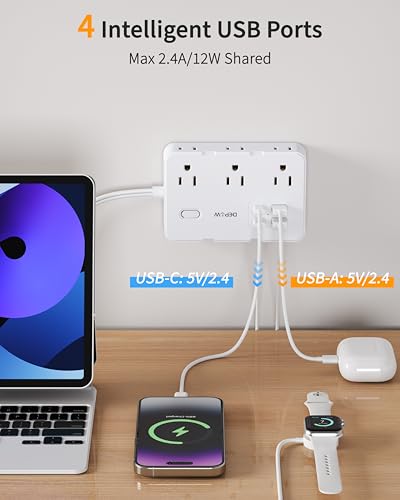 DEPOW 2 Prong to 3 Prong Adapter Power Strip-6 Outlets 4 USB Port (2USB-C - color: White, size: 5 FT(2 prong plug)