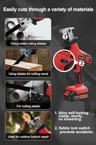 Cordless Reciprocating Saw for Home & Outdoor Use, 2×2.0Ah Batteries, Variable Speed, Red Compact Saw Kit with Blades for Wood/Metal/PVC Cutting – Ideal for DIYers & Gardeners in All Seasons