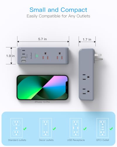 Surge Protector Outlet Extender, Multi Plug Wall Outlet, Rotating Plug,Grey - color: Grey, size: 2C2A, 1 Pack