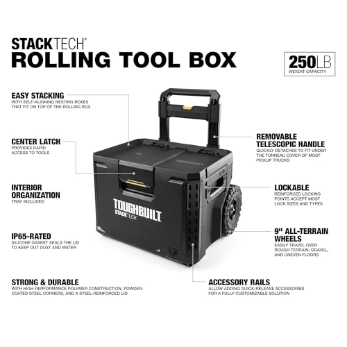 ToughBuilt StackTech Rolling Tool Box with 9-Inch Wheels, 250 lb Capacity - size: 2-in-1 Rolling (250 lb)