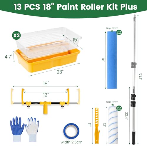 VOOMEY 18 Inch Paint Roller Kit, Contractor-Grade Large Paint Roller with 23-53 Inch Adjustable Extension Pole, Nylon & Polyester Roller Covers for Walls, Ceilings, Drywall and Textured Surfaces - size: 18" 13pc Paint Roller Kit