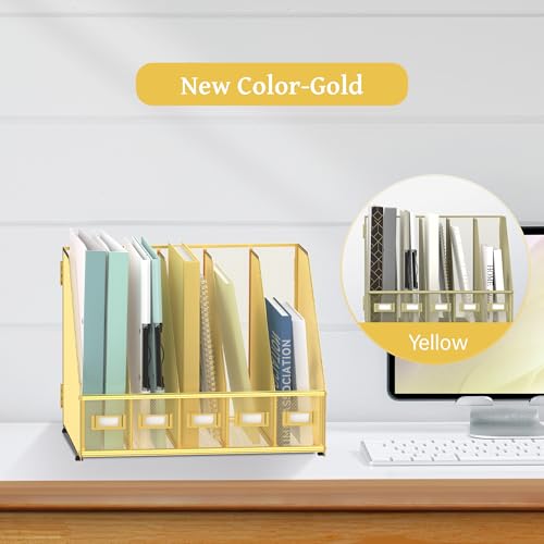 SUPEASY Desk Organizers Metal Desk Magazine File Holder with 5 Vertical Compartments Rack File Organizer for Office Desktop, Classroom, Home Workspace, Gold - color: Gold, size: Small