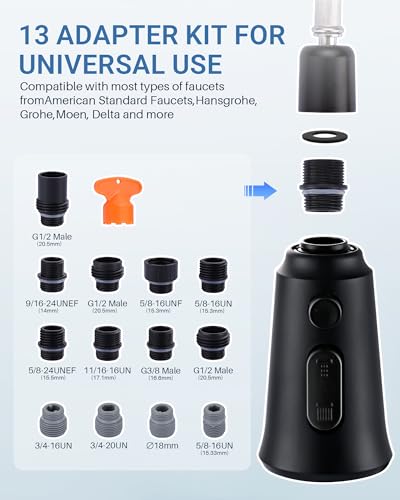 Kitchen Faucet Head Replacement – 304 Stainless Steel 3-Mode Pull Down Spray Head with 13 Adapters, Compatible with Moen Delta Kohler American Standard, Easy DIY Install, Matte Black - color: Matte Black