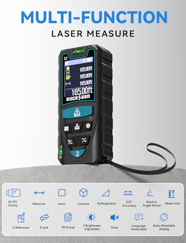 Laser Measuring Tool 165ft, RockSeed S2C Red Beam Laser Measure with Rotatable HD IPS Color Screen, 12 Measurement Modes, 3 Leveling Modes, 5 Units Switchable, for Stake Marking - color: Red Laser