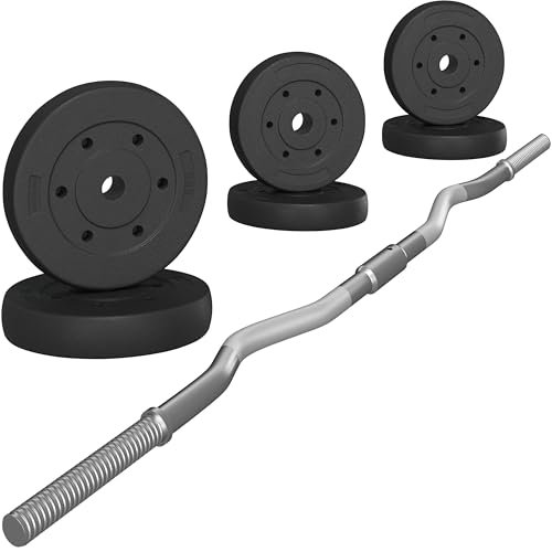 Yaheetech Curl Bar with Weights Adjustable W-Shaped Barbell Home Gym Set | Knurled iron bar with concrete-filled hdpe plates, star locks adjust weight for compact, gym-free strength training at home - size: 55 lbs