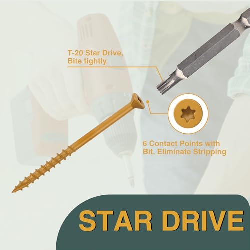 T.K.Excellent Deck Screws 2 Inch Wood Screws #8 x 2, 630 Pcs, Rust Resistant Structural Screws Tan Exterior Fence Screws Torx Drive Screws, Two T20 Bits, Brilliant Yellow Ruspert Coating Rust Proof - size: #8×2