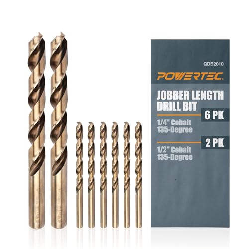 POWERTEC 1/2" & 1/4" Cobalt Drill Bits - 8 Pack - M35 HSS Jobber Length Twist Bits with 135° Tip for Drilling Wood, Metal, Stainless Steel, Nickel Alloy, Cast Iron & Plastic (QDB2106) - style: 8PK 1/2" & 1/4" Cobalt Drill Bits (M35 135°)
