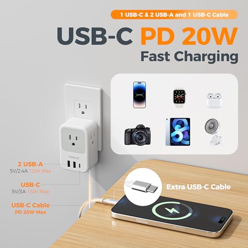 TESSAN USB C Charger Block, Multi Plug Wall Outlet Extender - color: Grey, size: 2 USB-A+1 USB-C+1 USB-C Cable