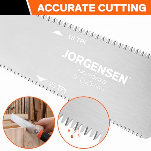 JORGENSEN Japanese Flush Cut Saw, 5 Inch Pro Double Edge Pull Saw, SK5 Flexible Blade Wood Handsaw, 18/25 TPI Blade with Soft Grip Handle for Hardwood & Softwood Woodworking, Wood Trim