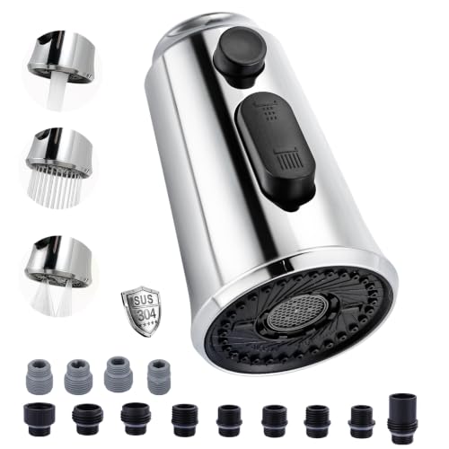 WOWOW Kitchen Faucet Head Replacement – 304 Stainless Steel 3-Mode Pull Down Spray Head with 13 Adapters, Compatible with Moen Delta Kohler American Standard, Easy DIY Install, Chrome - color: Chrome