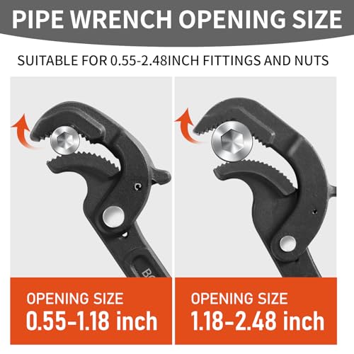 Pipe Wrench Set, 10” and 15” Self Adjusting Wrench 2-Piece Plumbing Tools for 0.55“-2.36”/14-60mm Standard Nuts, Irregular Nuts,Pipes Use