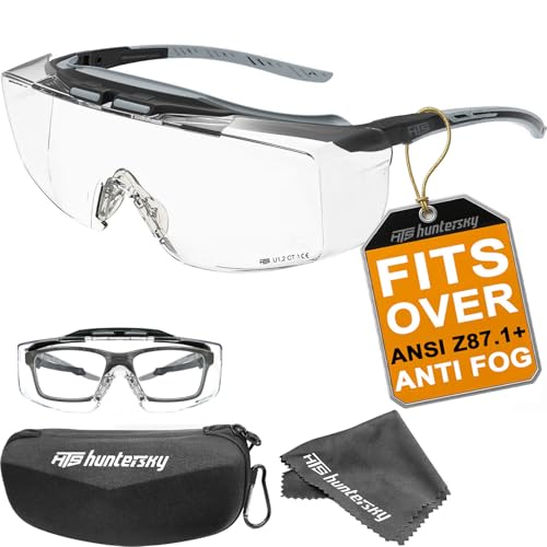 HTS HUNTERSKY ANSI Z87.1+ Anti Fog Fit Over Eyeglasses Safety Glasses Up to 1.88 inch 99.9% UV Protection OTG Lab Goggles - color: 3906c Black-gray / Clear Lens - W/ Case