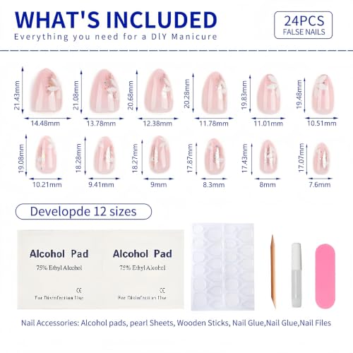 Fall Short Press On Nails Almond, Nude Fake Nails accented with golden glitter and Graceful White Floral Petal Design, Glossy Gel Finish Acrylic Nails, Natural Reusable Glue On Nails for Women - color: 34-Nature Poise