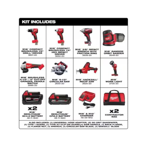 Milwaukee M18 18V Cordless Power Tool Combo Kit, 8-Tool Set, 3 Batteries, 2 Tool Bags, Charger Included
