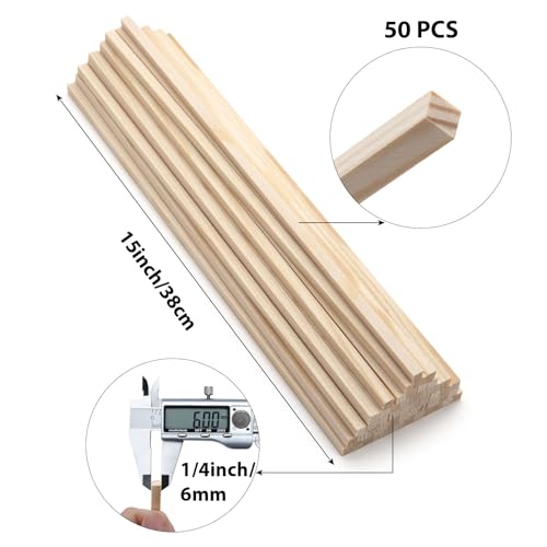 1/4" x 15"Square Wooden Dowel Rods, 50PCS Small Square Wooden Dowels Unfinished Wood Craft Sticks Hardwood Pieces Wooden Strips for Arts and DIYers, DIY Projects Home Decor Woodworking - size: 1/4"×15"-50PCS
