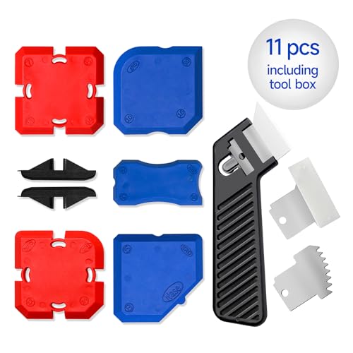 11pcs Silicone Profiling Professional Caulking Tool Kit with Sealant Finishing Tools and Caulk Removal Tools Easy Silicone Caulking with Guides with Storage Box Fill Removal Tool