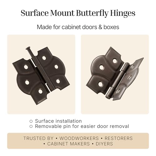 Antique Brass Butterfly Hinges with Removable Pin - Pack of 2 - Surface Mount Cabinet Door Hinges - UA-261-HAB (1) - color: Antique Brass