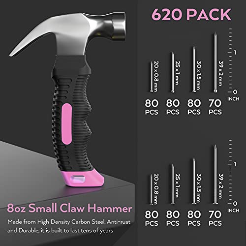 INCLY 620PCS Small Nails for Hanging Pictures with 8oz Pink Small Hammer | 310 Wall Nails & 310 Finishing Nails, Mini Hammer and Nails Set for Women, For Hanging Wall Art Decor, Picture Frame, DIY