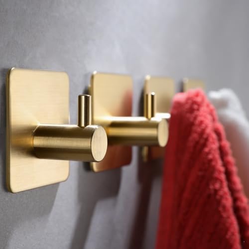 YIGII Adhesive Hooks, 4 Pack Stainless Steel Towel Hooks Heavy Duty, Sticky Wall Hook for Hanging Robe, Coat, Clothes, Waterproof (Gold) - color: Brushed Gold