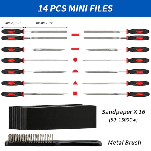 Greywolf 35 piece file set, metal files, premium T12 carbon steel flat, half-round, round, and triangular tips, plus 14 fine sanding tools and 16 sheets of sandpaper for metalworking and woodworking