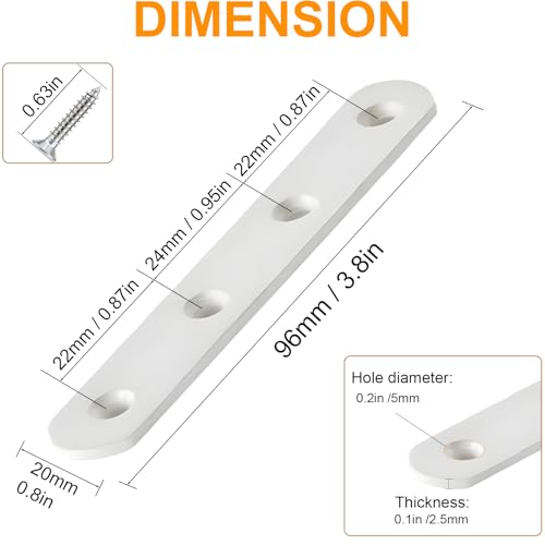 20 Pack 4 Inch Flat Bracket Straight Brace, White Stainless Steel Mending Plates, Heavy Duty Repair Brackets for Wood with Mounting Screws - size: 20 Pcs/ 4” x 0.8”