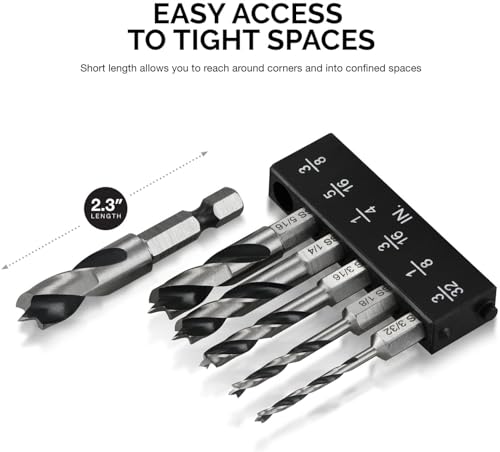 NEIKO 11401A 6 Piece Brad Point Drill Bit Set, Stubby Drill Bit Set for Wood, 1/4" Quick Change Hex Shank, HSS 4241 High Speed Steel for Quick Change Chucks and Drives, Drill Bit Holder Included - size: 6 Piece, style: Stubby