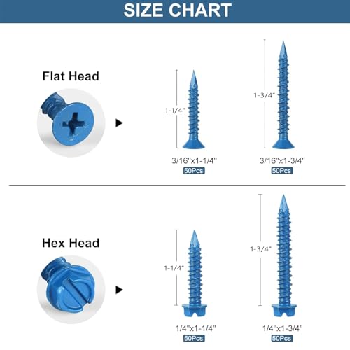 SATANTECH Concrete Screws with Drill Bit, 200Pcs Concrete Screw 1/4 3/16 Assortment Kit, Flat & Hex Head Masonry Block Brick Cement Screws and Anchors, No Pre Drilling, Diamond Point
