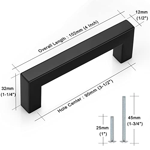 Probrico (10 Pack) Matte Black Drawer Handles 3-1/2 Inch(90mm) Hole Center Square Cabinet Pulls Stainless Steel Kitchen Cabinet Hardware 4 Inch(102mm) Overall Length Handle Pulls - color: Black, size: hole center 3-1/2"