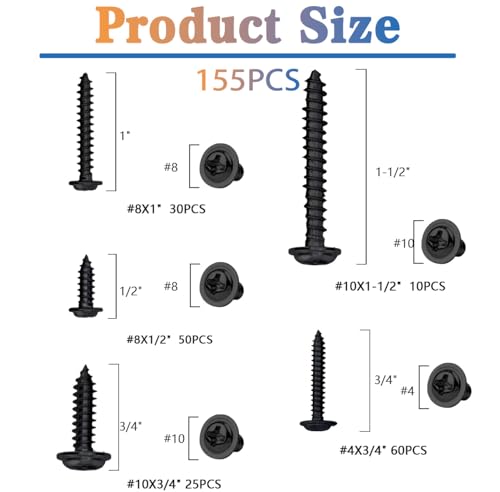 #4# 8#10 Phillips Truss Head Black Wood Screws Assortment Kit 175PCS, Black Zinc Plated Steel, Modified Truss Head, Self Tapping Screws for Wood, Drywall, Plastic (1/2", 3/4", 1", 1-1/2") - size: #4 #8 #10 Kit