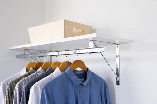Custom Cut-to-Size Premium Wall-Mounted Shelf with Rod and Bracket Kit. 3/4" Thick Shelves, 14 inches deep. Customize the Length from 16" up to 72". - color: White - Chrome, size: 16 - 44