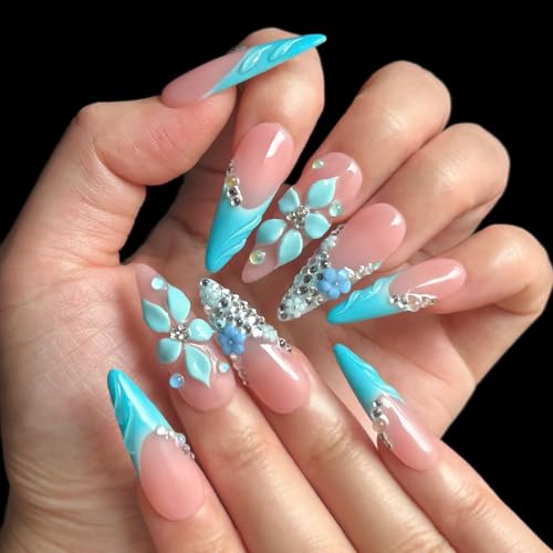 MAGLFELL Handmade Press on Nails, Long Length Stiletto False nails, French Blue 3D Floral Fake nails with Water Droplet, 10 Pcs Reusable Stick On Nails Thick Acrylic ABS for Women (Size XS) - color: Blue Flower, size: XS