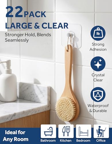22 Pcs Adhesive Picture Hooks, 25 Ibs Load Heavy Duty Self Adhesive Wall Hooks for Hanging, Waterproof Picture Hangers Without Nails for Bathroom Kitchen, Transparent Sticky Hooks for Frames