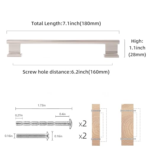 COTYKILEY 10 Pack 6.2Inch(160mm) Brushed Satin Nickel Cabinet Handles Kitchen Cabinet Pulls Cabinet Door Handles Kitchen Cabinet Hardware Cupboard Drawer Pulls Dresser Handles - color: Brushed Satin Nickel, size: 6-1/4" Hole Center（160MM）