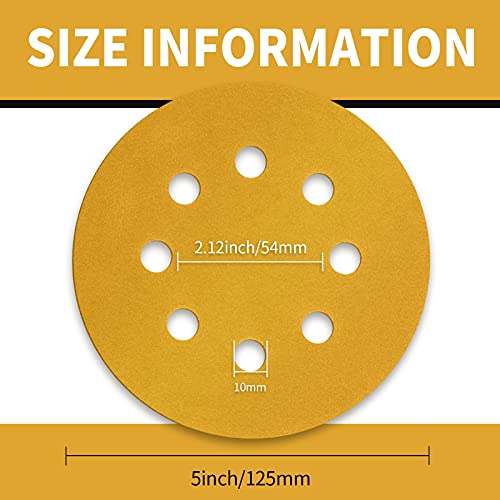 100 Pcs 5 Inch Sanding Discs Hook and Loop, 220 Grit Sandpaper for Woodworking or Automotive, 8 Hole Gold Premium Dustless Random Orbit Sandpaper - style: 220 Grit-100 Discs