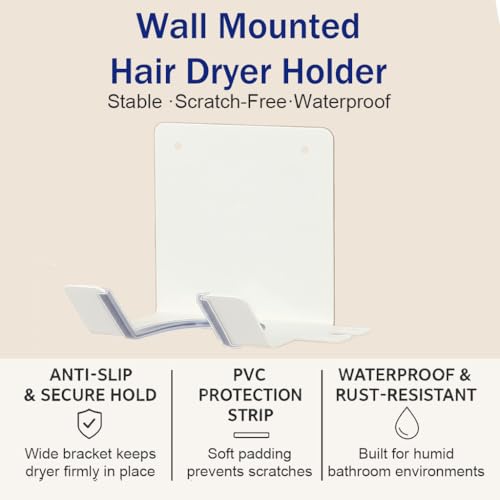 Hair Dryer Holder, Blow Dryer Holder Wall Mounted Hair Tool Organizer Self Adhesive Hair Dryer Holder Wall Mount, Compatible for HairDryer Holder for Bathroom White - color: White