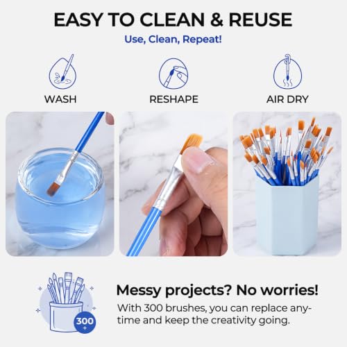 Smallbudi 300 PCS Small Paint Brushes Bulk for Kids Classroom - size: 150Flat+150round
