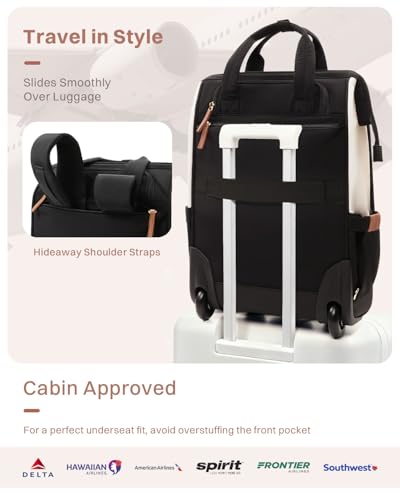 Rolling Puffer Backpack for Women, Travel Backpack with Wheels, 16 Inch Wheeled Laptop Backpck, Dual-Opening Design Overnight College Underseat Carry on Luggage, Roller Business Work Bag, Beige Brown - color: Beige Brown