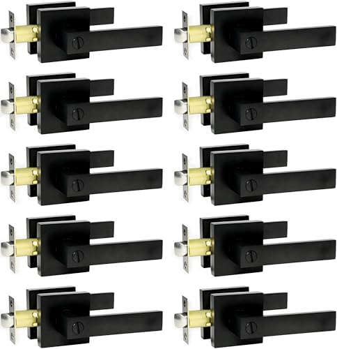 SUNTAI Bedroom/Bathroom Door Handles Levers Square Plate Interior Privacy Door Locksets,Matte Black (10 Pack) - size: 10 Pack