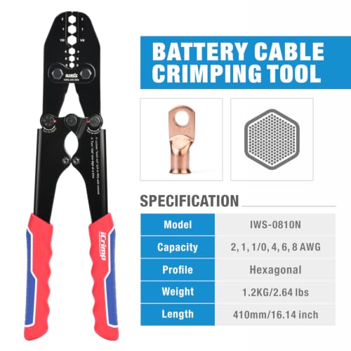 iCrimp IWS-0810N Battery Cable Terminal Lug Crimping Tool for 8,6,4,2,1,1/0 AWG Electrical Copper Battery Lugs, Fixed Hexagonal Crimping Die Sets - size: AWG8-1/0