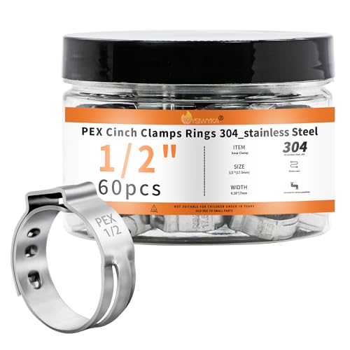 60pcs 1/2 inch PEX Cinch Clamps Rings, 304 Stainless Steel Pex Crimp Rings, Heavy Duty Thickened Single Ear Hose Clamps for PEX Tubing Pipe Fitting Connections - color: 60 Pcs, size: 1/2 inch