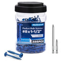 Mellewell #8 x 1-1/2" Blue Coated Pocket Hole Screws, Square Drive Self Tapping Wood Screws, Coarse Thread Anti-Rust Coated Wood Screw, 65MM 150MM Drive Bits Included, Carbon Steel, 300 PCS - color: Blue, size: #8 x 1-1/2"