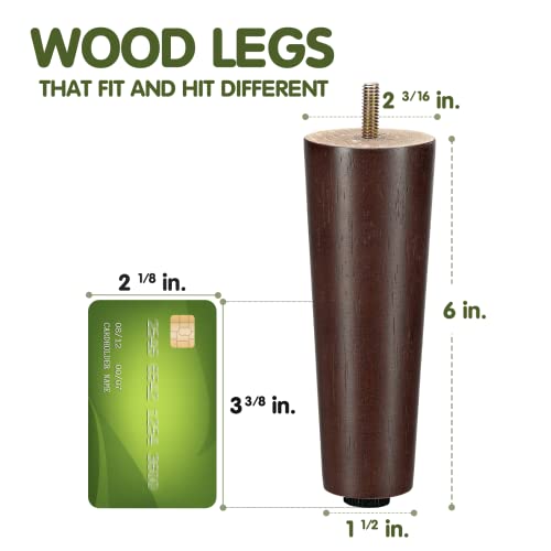 Yes4All 6-Inch Round Wooden Furniture Legs Set of 4, Adjustable Replacement Feet for Couch, Bed, Dresser, and Ottomans, Tapered Legs with Levelers, Brown Wood Components for Tables and Chairs