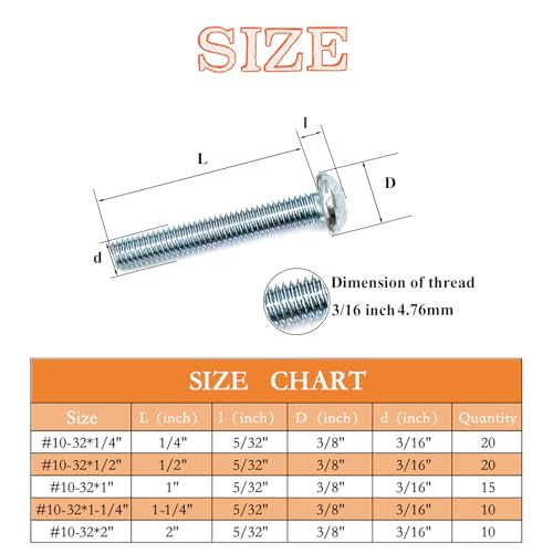 75 Pcs 5 Sizes #10-32 Machine Screws Knob Screws Cabinet Screw Electricians Bolts, Carbon Steel Zinc-Plated Phillips Pan Head Machine Screw Assortment Kit - size: #10-32-5Size-75P
