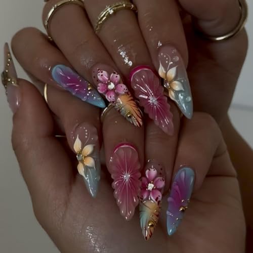 LPOODDNU 3D Colorful Flower Press on Nails - Almond Medium Fake Nails with Rose Pink Gradient Gold Bead Designs, Glossy Finish Reusable False Nails with Glue Tabs - 24Pcs Nail Kit for Women Manicure - color: colorful gold 3d flower