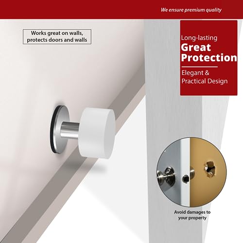 2 Pack Door Stoppers Stop with Extra Stickers, Self-Adhesive Door Stops with Black Rubber Bumper & Stainless Steel Body - Heavy Duty Door Knob Wall Protector Sound Dampening for Home & Office Use - style: 2 Pack White