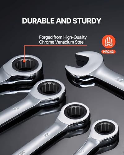 VEVOR Combination Wrench Set, 16-Piece Ratcheting Wrench Set with Organizer Rack, Cr-V Steel, Metric 8 mm to 24 mm, Ideal for General Household, Garage, Workshop, Auto Repairs, Emergency - size: 16PCS (Metric)