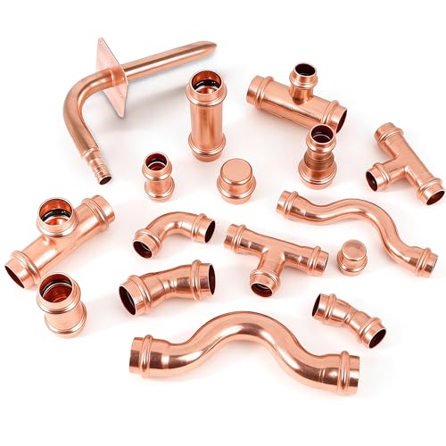 (wdaisy 15 Pack) Copper Press Fittings Kit – 1/2 Inch Tee, Elbow & Coupling, Press Compatible Copper Plumbing Fittings, Lead-Free, for Potable Water - size: 1/2" Combo Kit - 15P