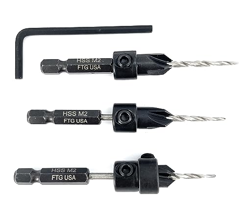 FTG USA #4 (7/64") Wood Countersink Drill Bit 3-Pc Set with 3/8" Depth Stop - size: #4, style: 3 Pc with Depth Stop